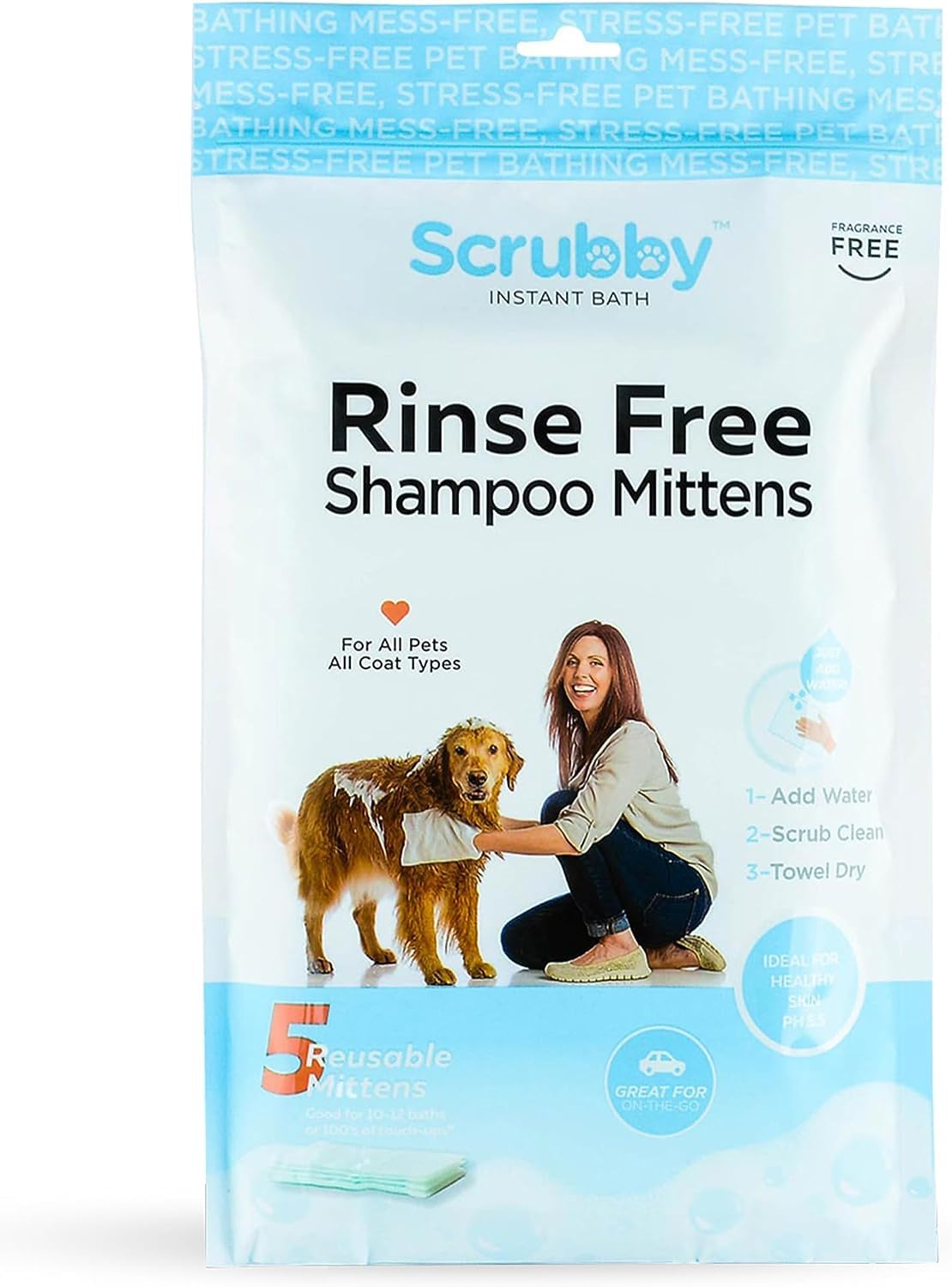 No Rinse Wipes | Rinse Free Shampoo Mittens | Dogs and Cats | Bath Wipes - Bathing & Washing Pets, Hypoallergenic | No Rinse Wash Mitt | Grooming, Lather Wipe Dry - Pack of 5