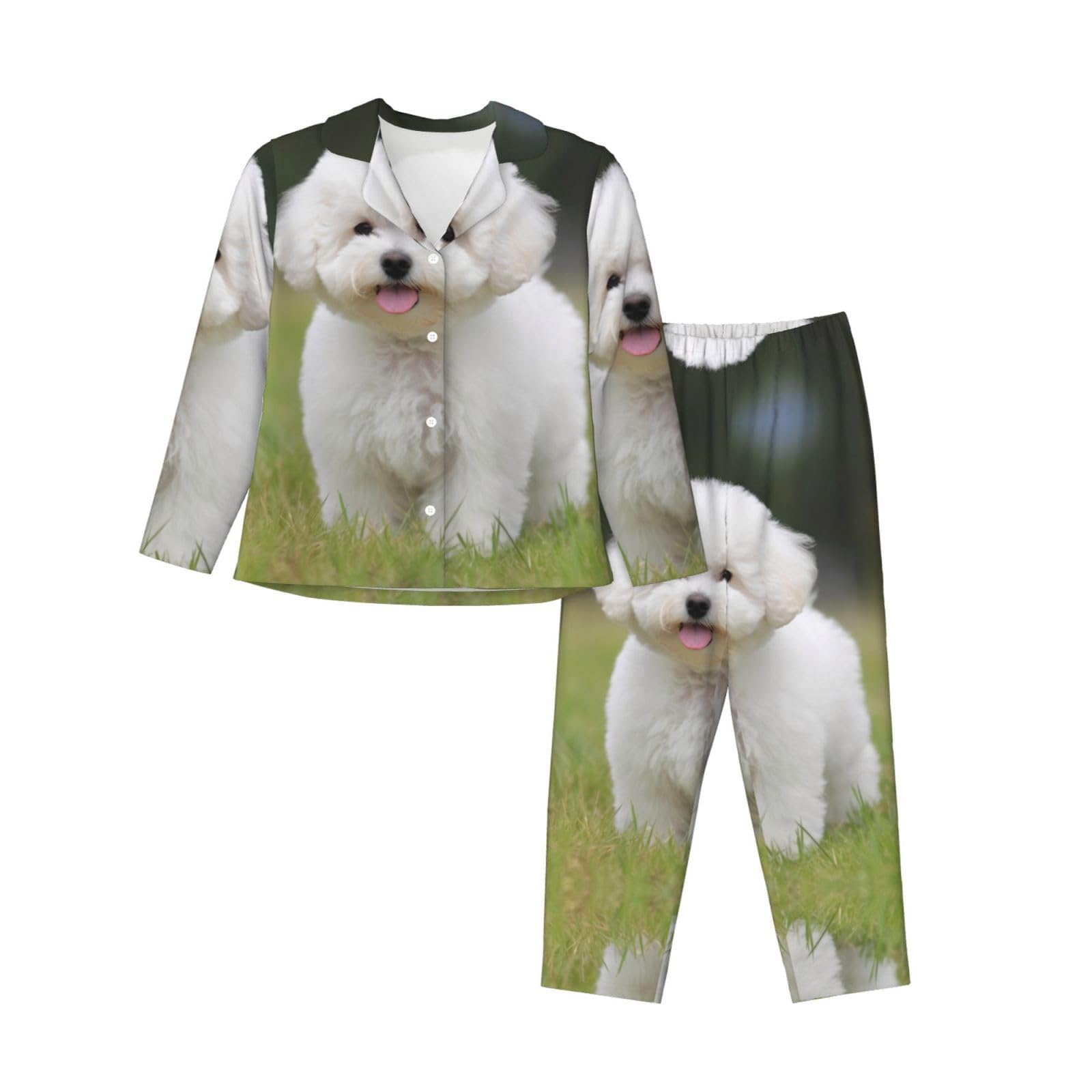JEKYDOSD Bichon Frise Dog Print Women'S Long-Sleeved Pajama Set, Black, M