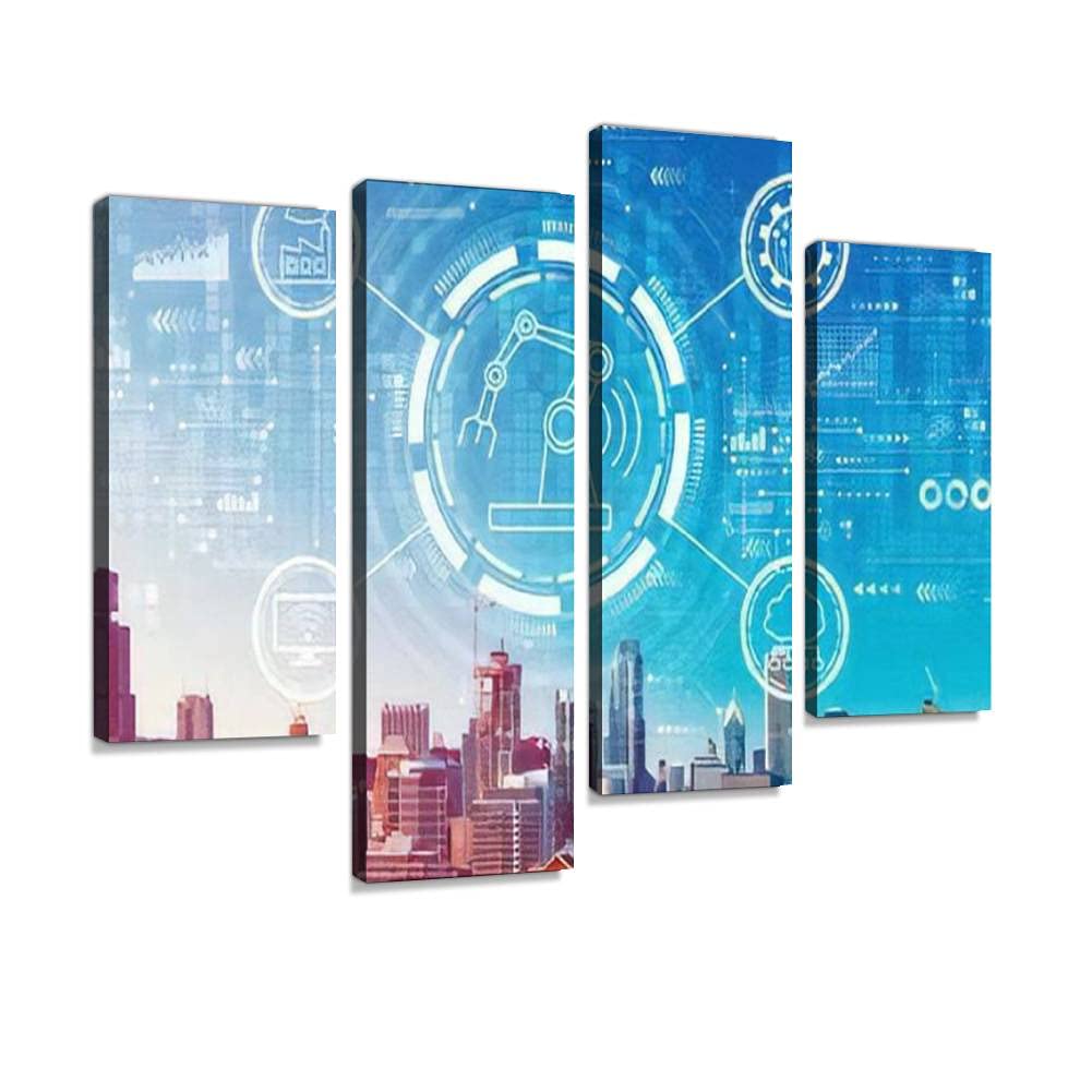 Canvas Print Artwork Smart industry concept with downtown Chicago cityscape skyscrapers Wall Art Pictures Framed Digital Print Abstract Painting Room Home Office Decor Ready to Hang - 4 Panel