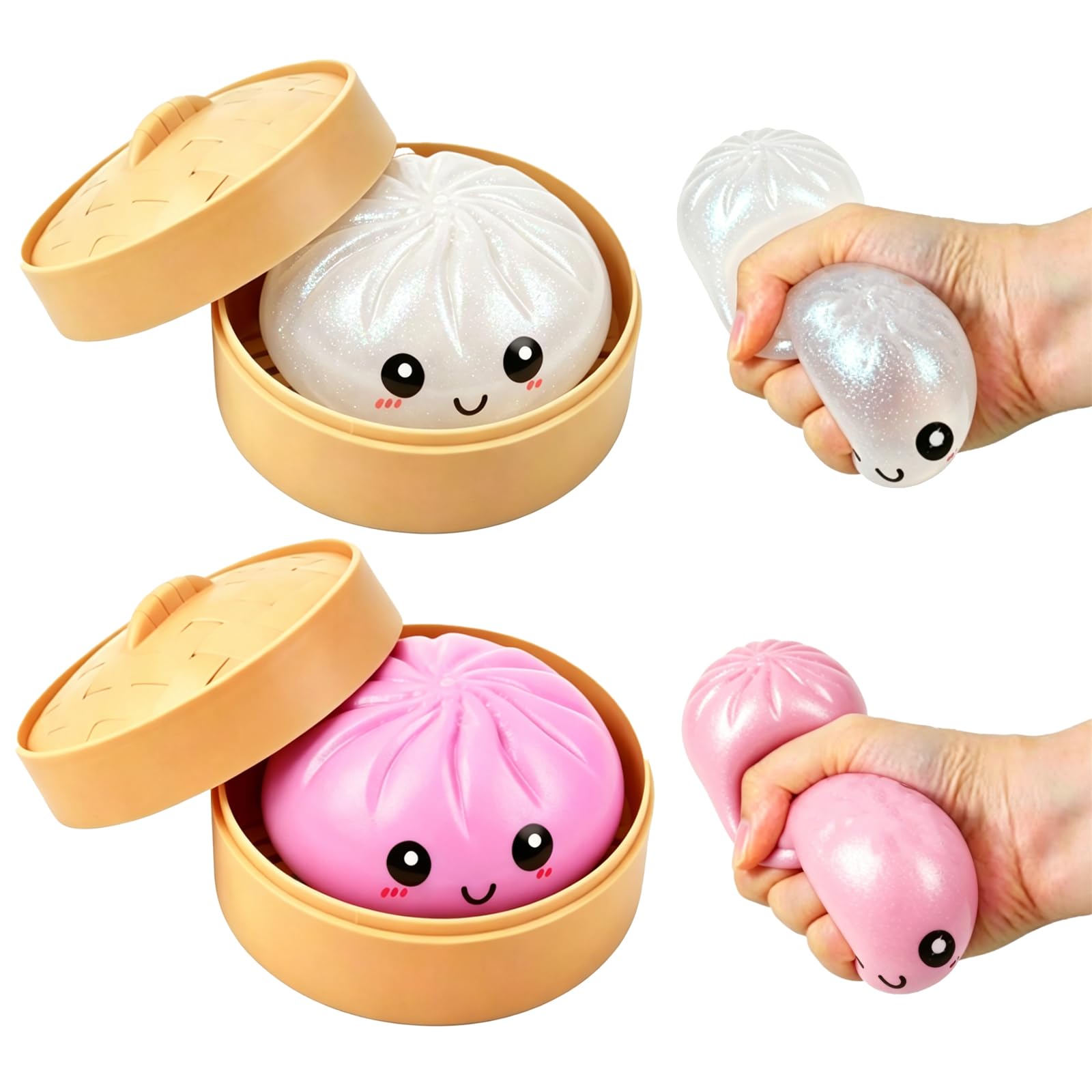 2PCS Dumpling Squishy Toy, Glitter & Normal Dumpling Squeeze Fidget Toy with Storage Box, Soft Stress Relief Sensory Decompression Toy for Adults Teens Boys Girls (Glitter White+Pink)