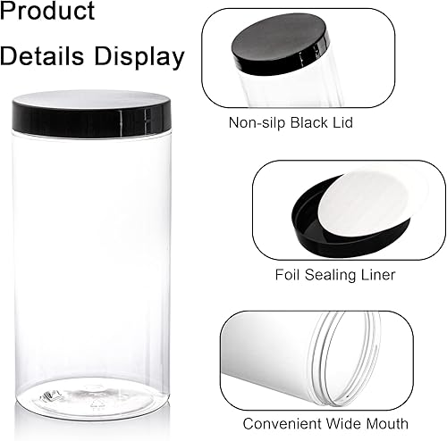Miniatura 3 de Lawei Paquete de 8 tarros de plástico transparente de 34 onzas con tapas negras, tarros de plástico para almacenamiento de alimentos en cocina y