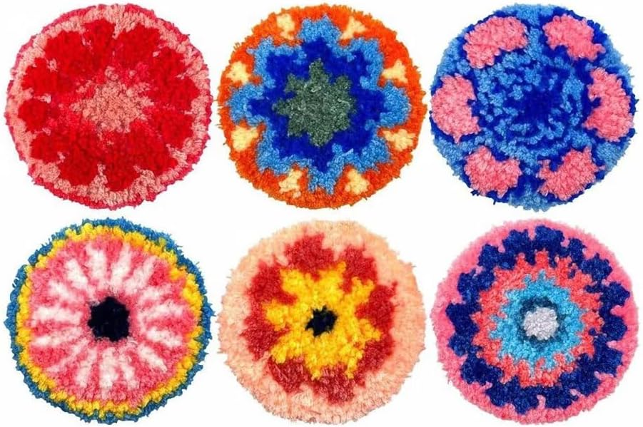 Punch Needle Coaster Kit 6 Patterns Floral Tufted Rug Pads, DIY Needle Punch Coaster Kit for Adults Beginners with Adhesive Felt Yarns Embroidery Hoop Tools Instruction