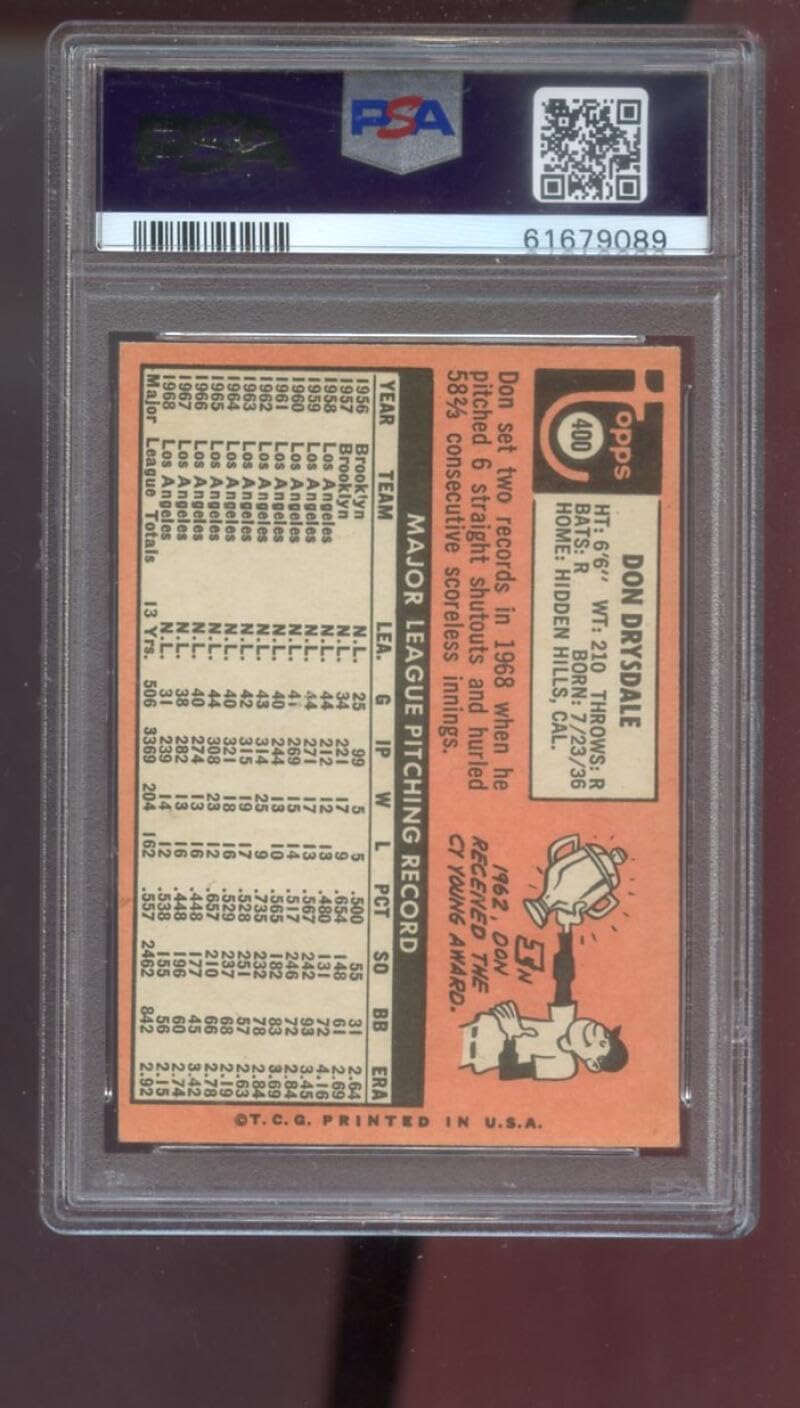 1969 Topps #400 Don Drysdale Los Angeles Dodgers PSA AUTHENTIC Graded Baseball Card