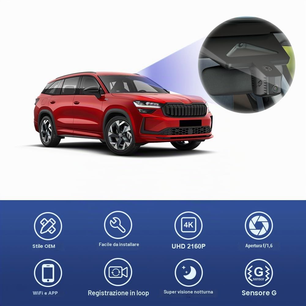 Fitcamx Dashcam Compatibile con 2024 2025 Skoda Kodiaq 2 (HD2-D2100), OEM Aspetto Cameras per Auto, 2160P UHD Video WiFi, G-Sensor, Registrazione Circolare, WDR Modalità, Plug&Play, Scheda da 64 GB
