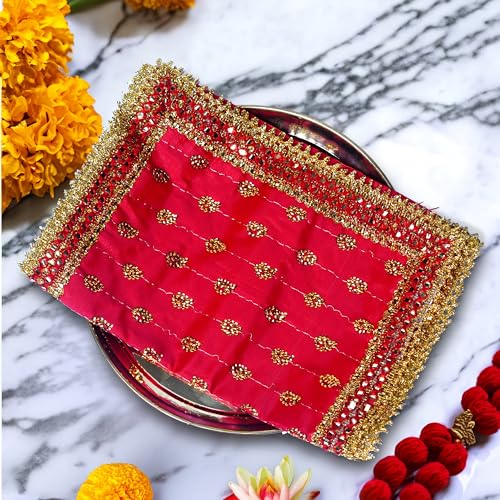 Image of Hem Devi MATA Chunari - Red Puja Chunri with Designer Border Fabric for Religious & Kanya Pujan Rituals | Sacred Chunri for Ceremonies | 76.2 x 25.4 cm