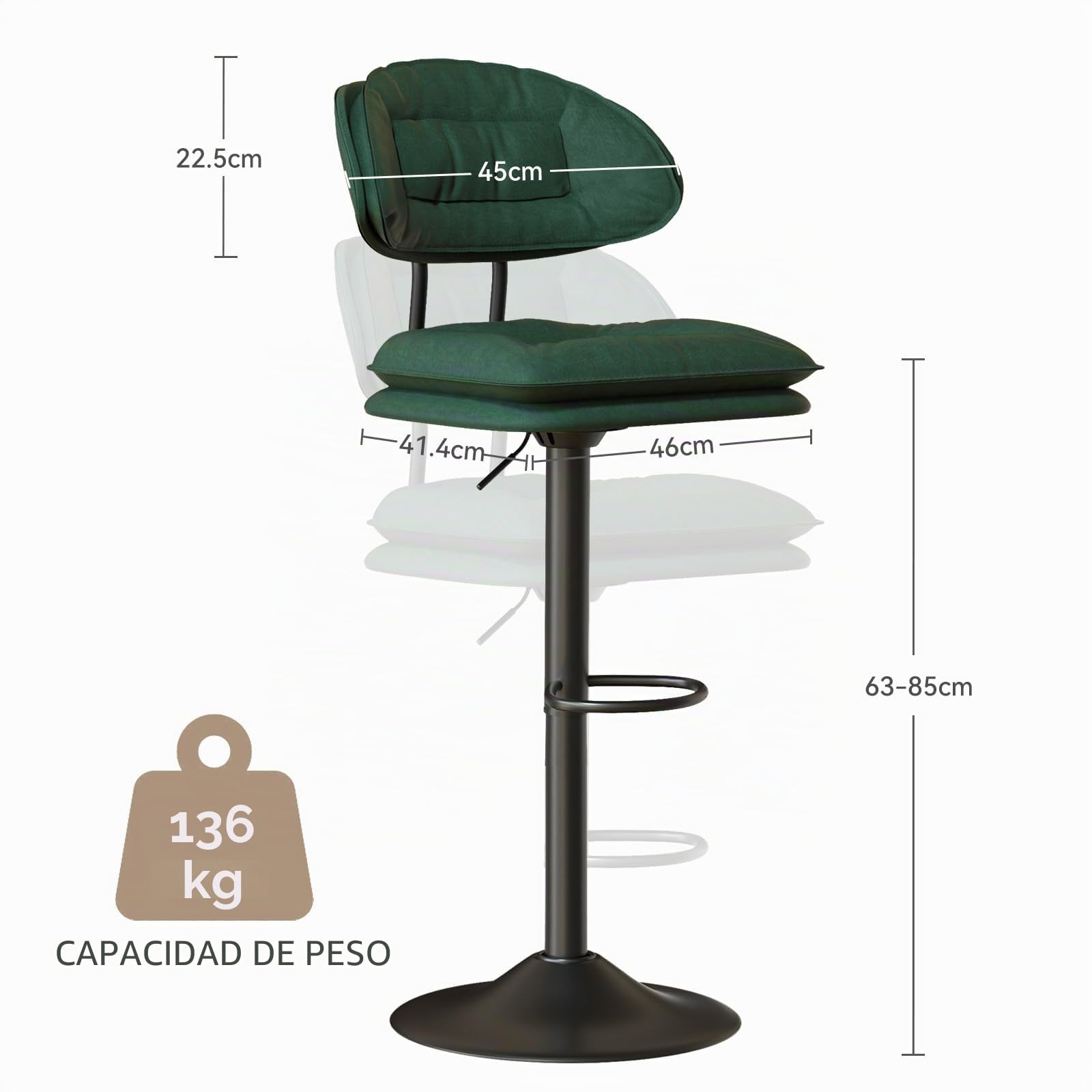 Hawthyhome Juego de 2 taburetes de Bar, taburetes ergonómicos Acolchados con Respaldo, taburetes de Bar Ajustables de Doble Capa, para Comedor, Bar en casa o Isla de Cocina,Color Verde Militar