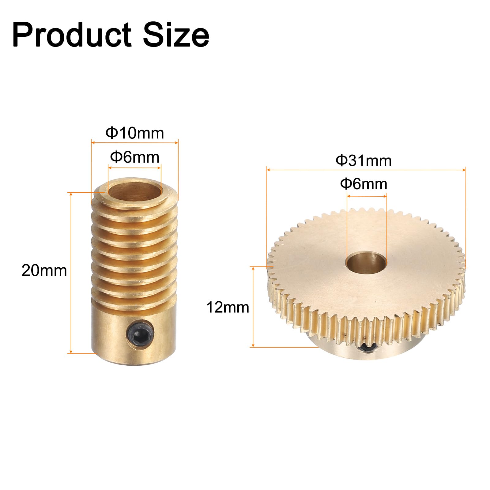 sourcing map Ensemble d'engrenages à vis sans fin - Module 0,5 - Taux de réduction 60:1 - Arbre d'engrenage de 6 mm de diamètre du trou et 6 mm de diamètre de trou - Boîte de vitesses 60T (laiton)