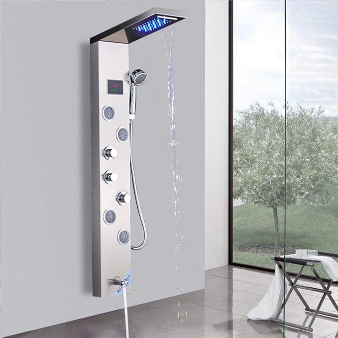 Panel de ducha LED con grifería y masaje Spa en níquel cepillado miniatura 9