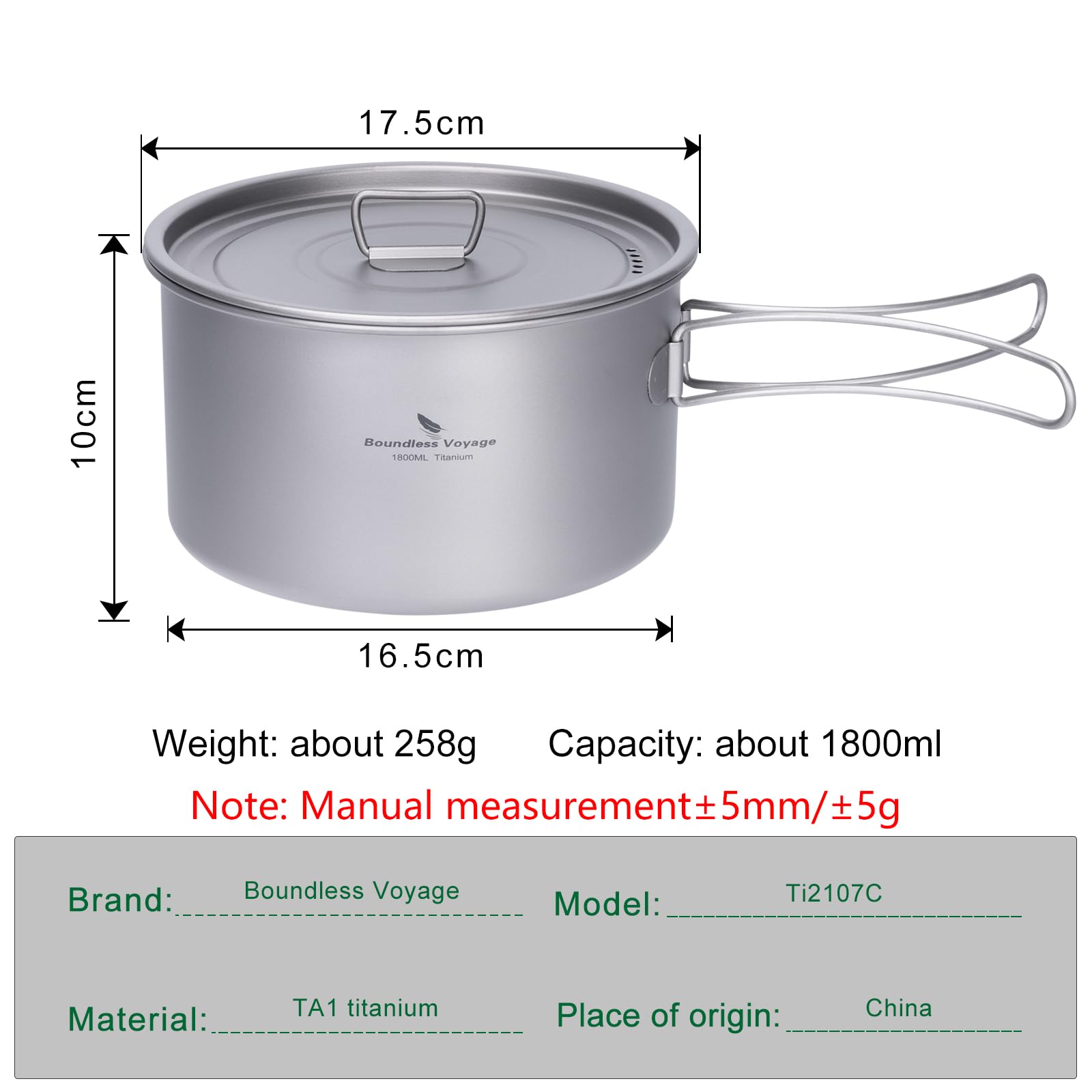 Boundless Voyage 1.8LKleiner Titankopf mit klappbaren Griffen: leichtes Stockpot Camping-Trekking Set Kochtopf Küchengeschirr (1.8 only)