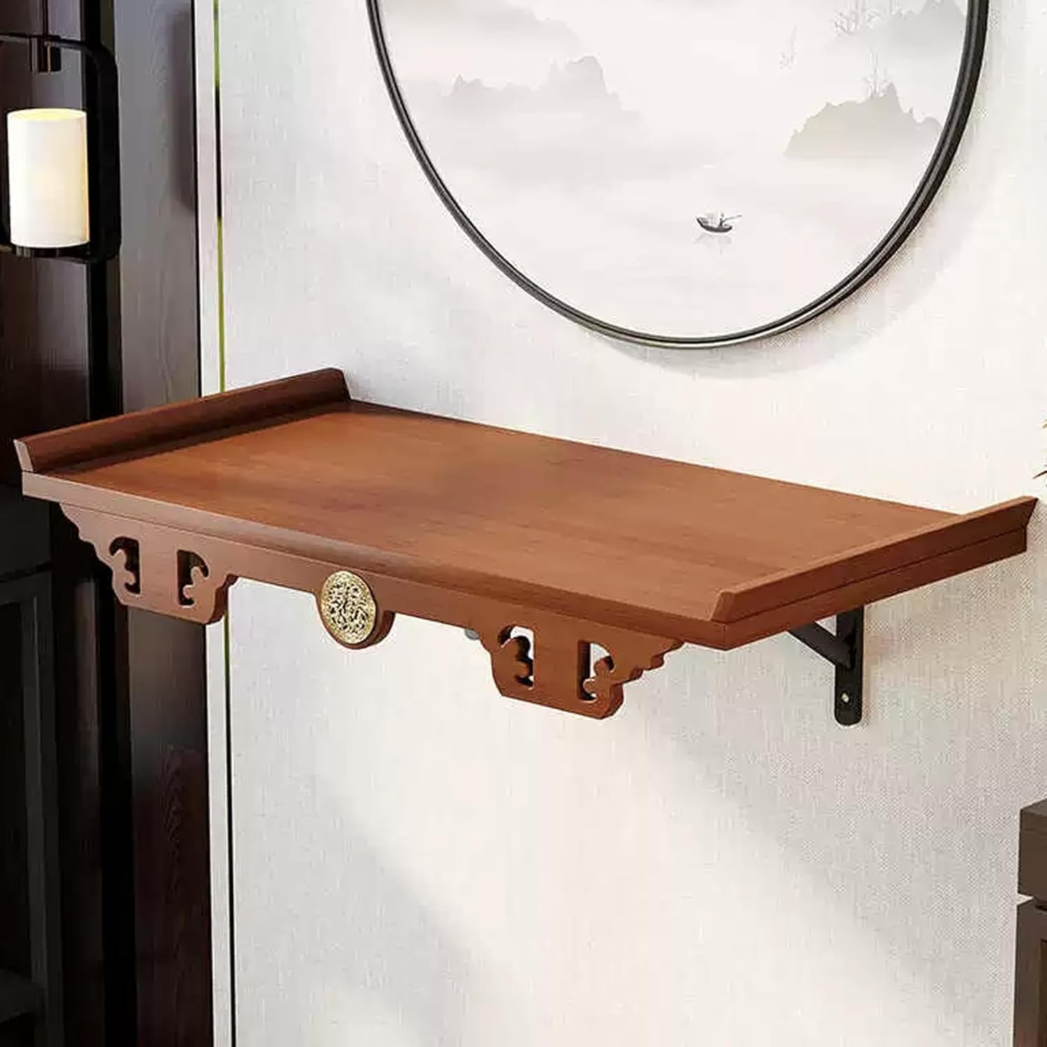 Wall-Mounted Altar Table, Prayer Meditation Table with Storage Tier and Auspicious Cloud Carving, Buddhist Prayer Altar Cabinet for Small Spaces(Brown,54x28cm/21.2x11in)