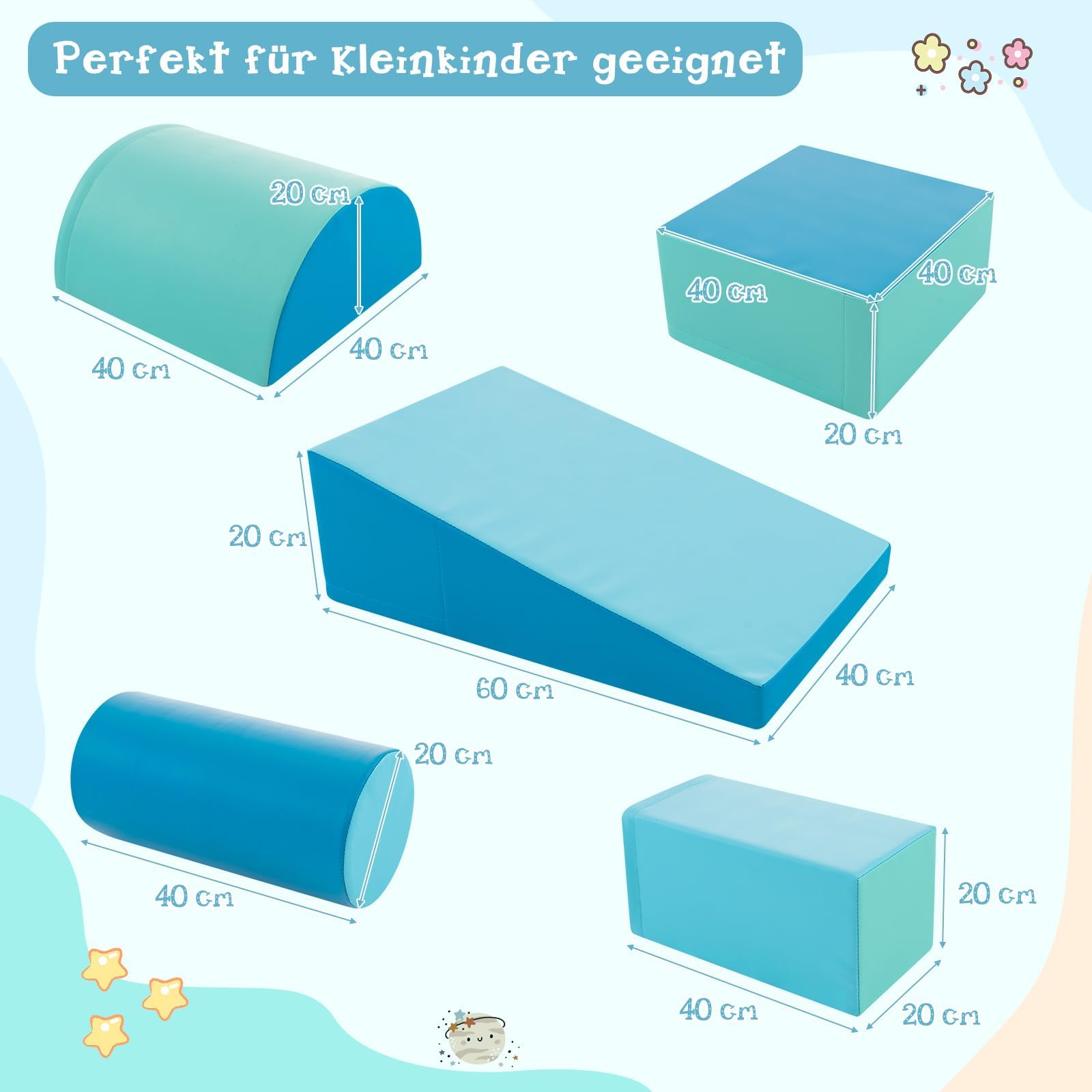 FANTASK Schaumspielset zum Toben und Klettern, 5 TLG. Bauklötze, Spielzeugset für Babys und Kleinkinder, Blau