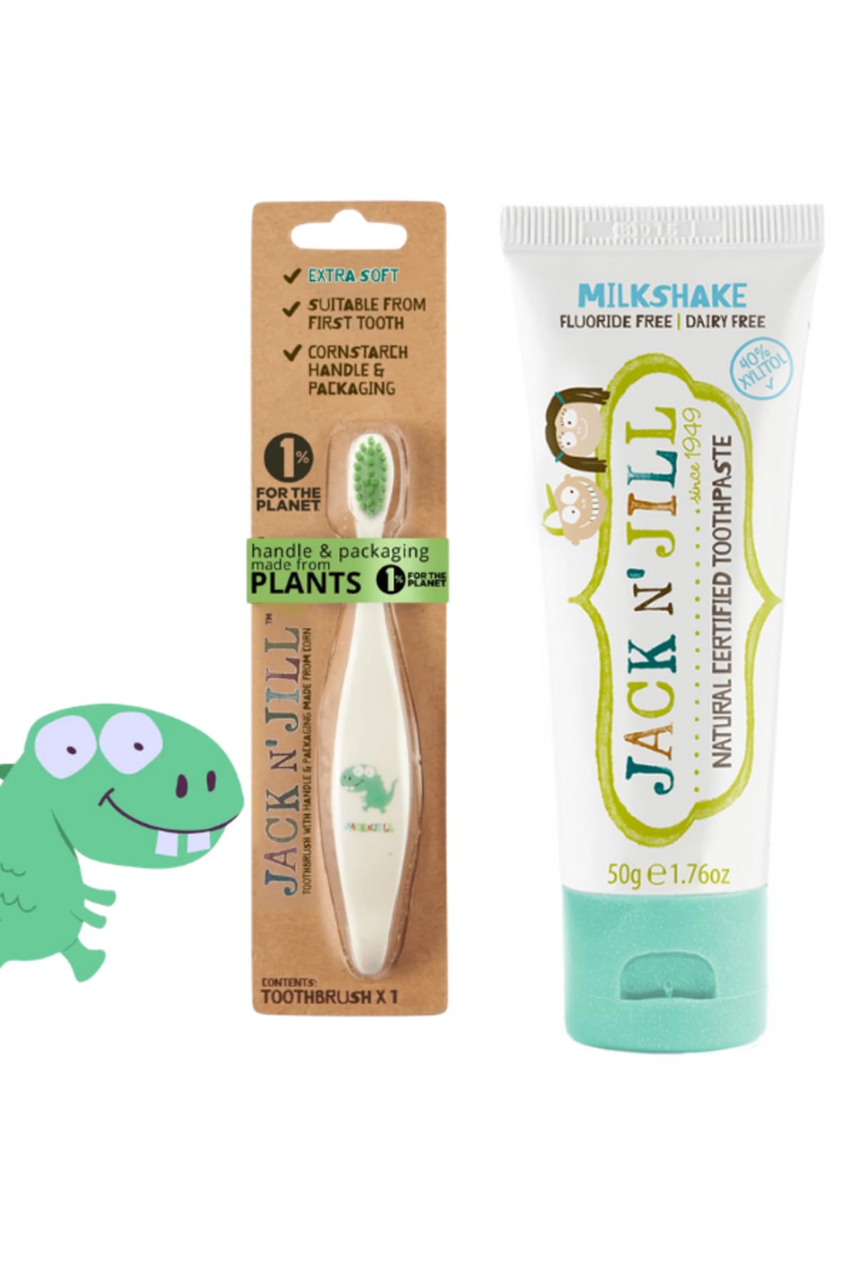 Jack N' Jıll Doğal Sertifikalı Bebek/Çocuk Diş Seti (Dino Diş Fırçası + Milkshake Diş Macunu 50G)