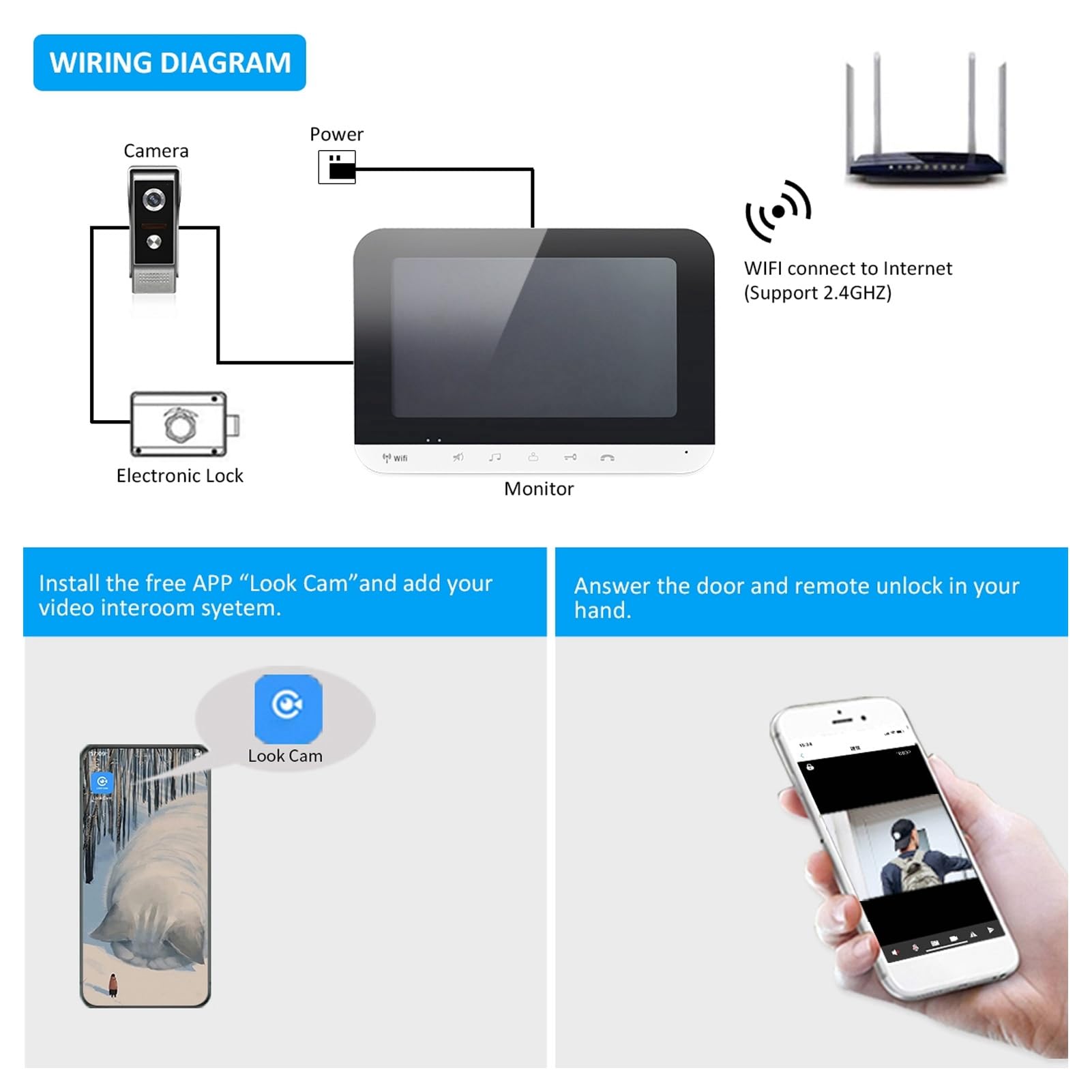 7 Pulgadas Timbre Vídeo LCD TFT, Intercomunicador Portero Automático Cámara Visual Con Cable Monitor De Desbloqueo Remoto Con Visión Nocturna Para Seguridad Hogar(EU-110-240V)