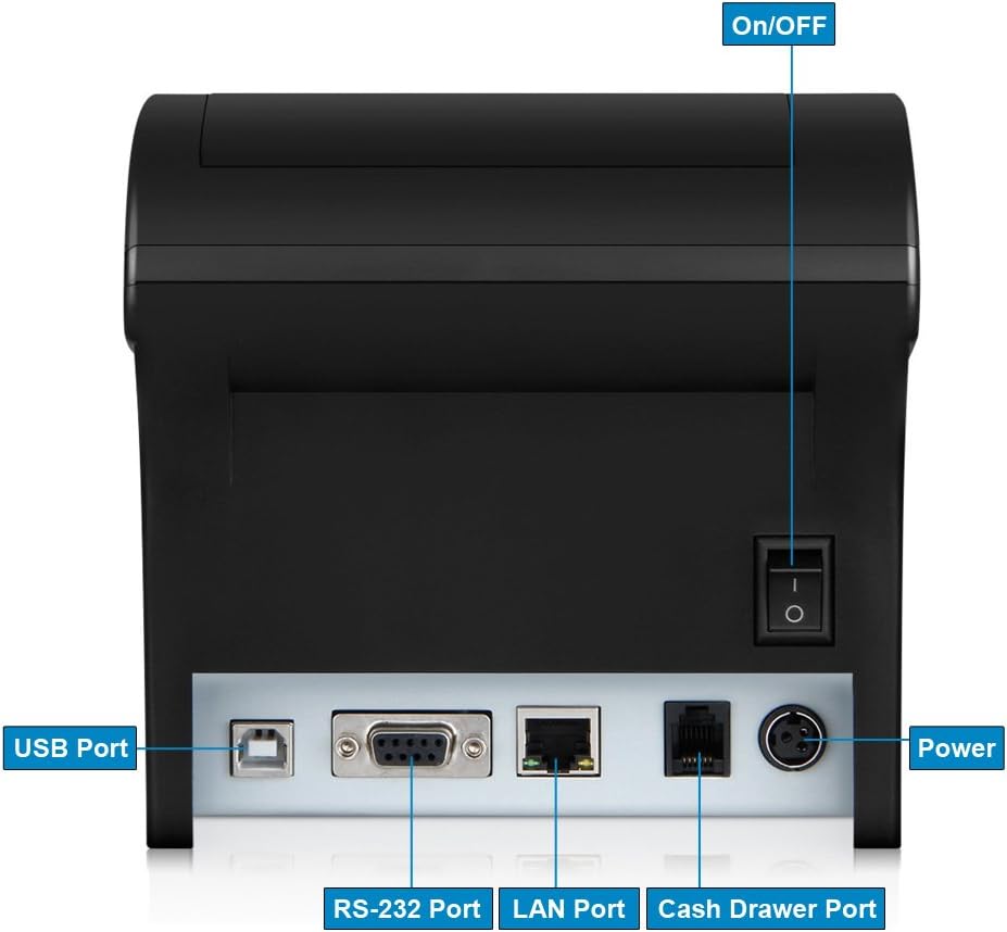 Rear view of the Floureon ZJ-8220 DE printer showing the power switch, USB port, RS-232 port, LAN port, Cash Drawer port, and power input.