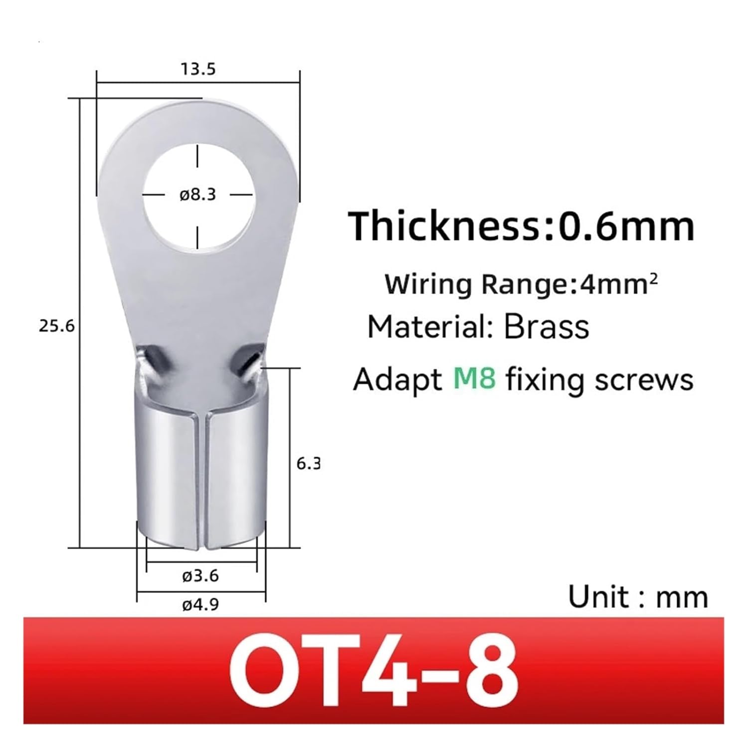 1000PCS/PACK OT4-4/5/6/8/10/12/16 O-Ring Connectors Cable Electrical Connector Battery Lugs 18-12 AWG(OT4-8)