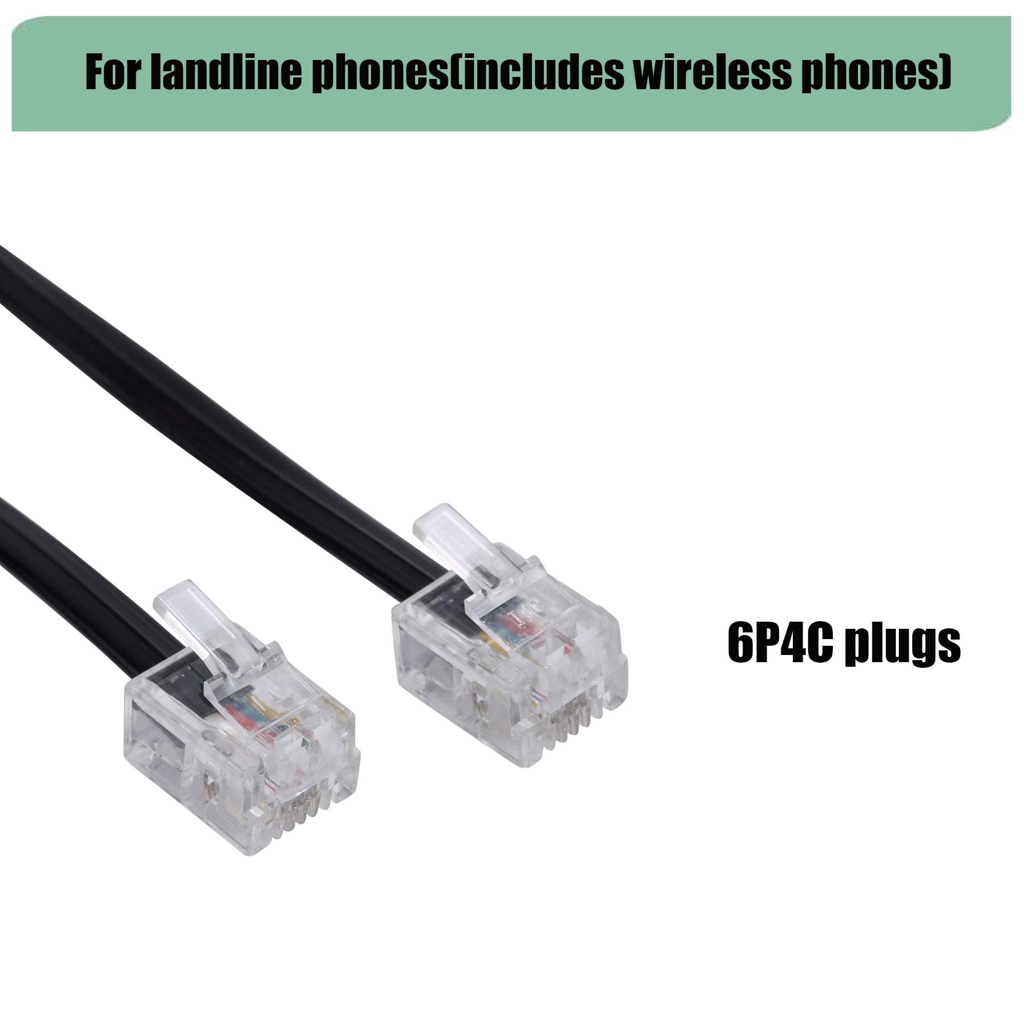 Langes Telefon-Verlängerungskabel, Telefonkabel, Leitungsdraht, mit Standard-RJ11-Stecker und 2,5 cm-Kupplungen und 30 Kabel-Clip-Haltern, Weiß, 1,8 m, 3 Stück, Schwarz