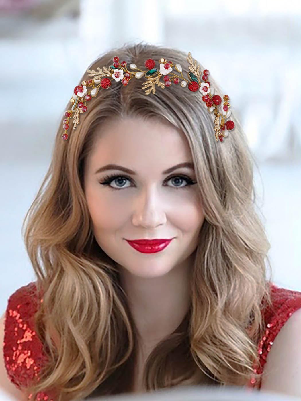 IYOU Vides de Pelo Cristal Navidad Diadema Boda de Diamantes de imitación Rojo Tocado Flor Hoja Accesorios para el cabello de Novia Festival Max para Mujeres y Niñas
