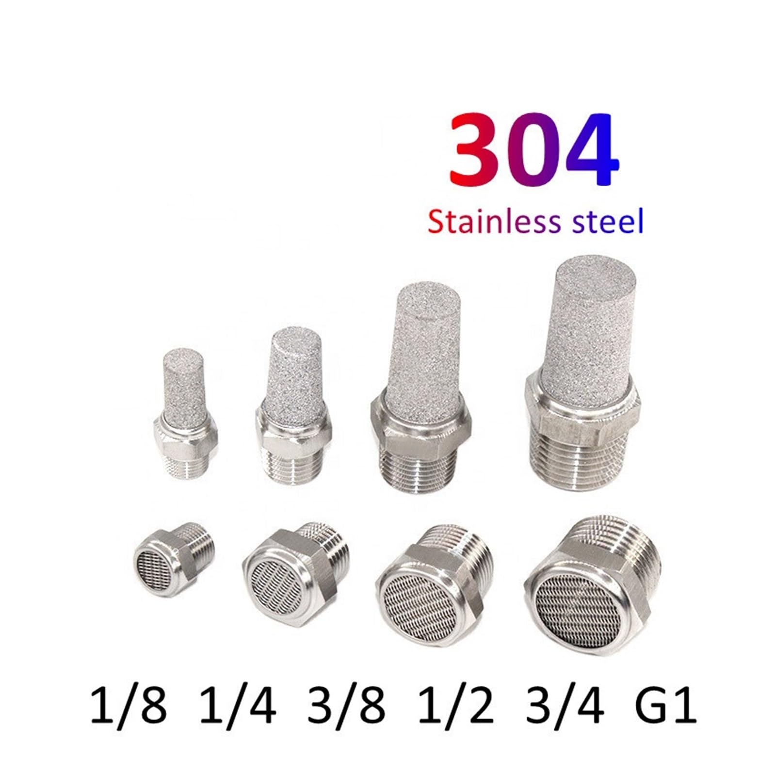 Mosiężny tłumik pneumatyczny tłumik wydechowy ze stali nierdzewnej 304, z płaską i spiczastą końcówką G1/8 G1/4 G3/8 1/2 cala (długość 1 cala)