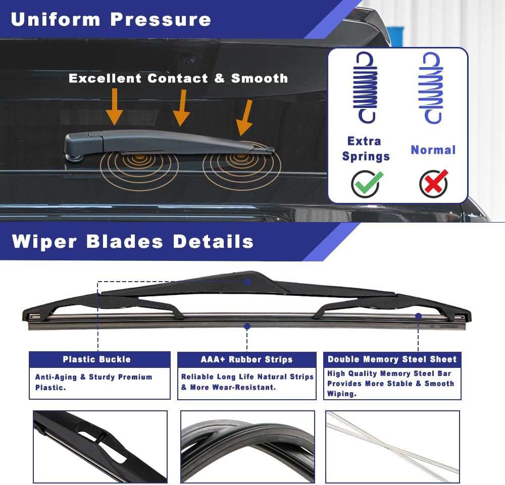 Rear Wiper Arm and Blade Assembly Compatible with Ford Focus 2012–2018, Direct Fit Replacement for CV6Z-17526-C, Includes Rear Wiper Blade, Tool-Free Installation