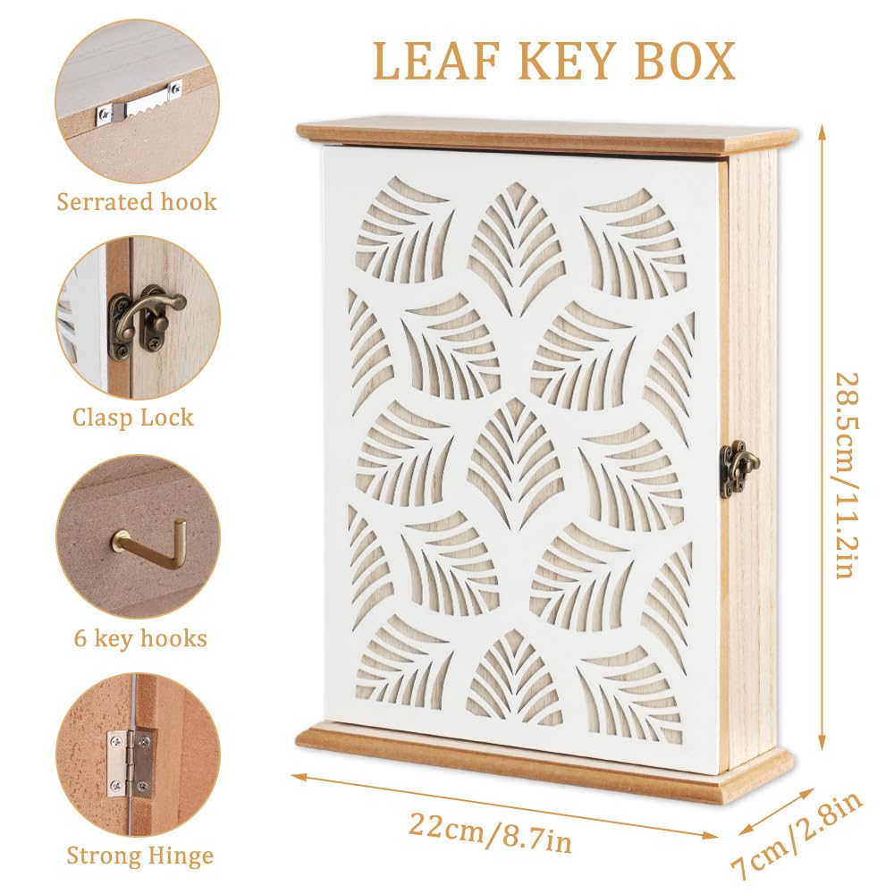 Schlüsselkasten Holz, Vintage Schlüsselbox mit 6 Schlüsselhaken Weiß Schlüsselschrank Geometrisches Hohles-Design Geeignet für Eingangsbereich Wohnzimmer Flur Büro kleine Gegenstände