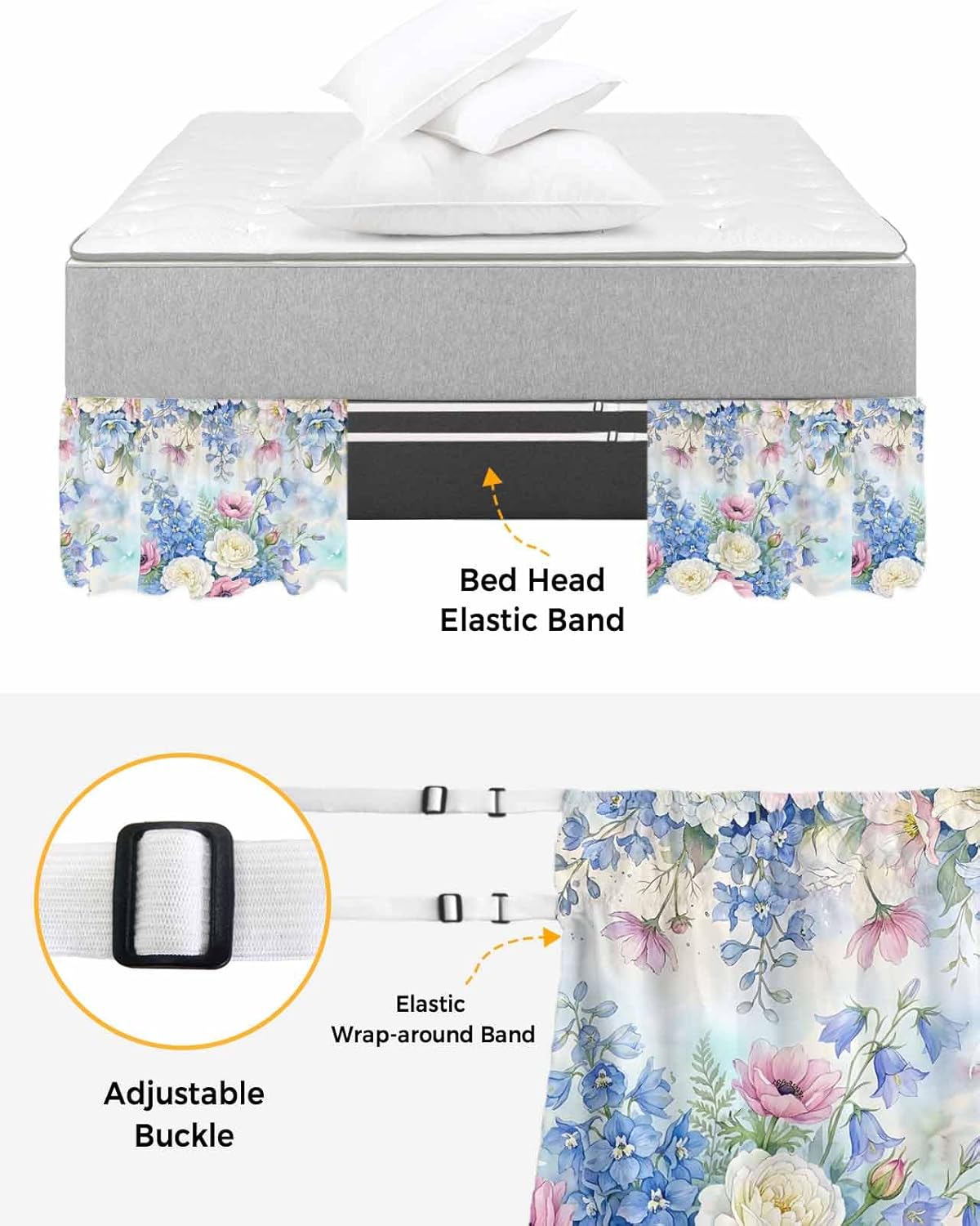 Blue Spring Floral Bed Skirt Queen Size 18 Inch Drop, Adjustable Elastic Bedskirt Dust Ruffle for Queen Bed, Pink Flowers Elegant Botanical Farmhouse Wrap Around Bed Skirts Pleated Bed Frame Cover