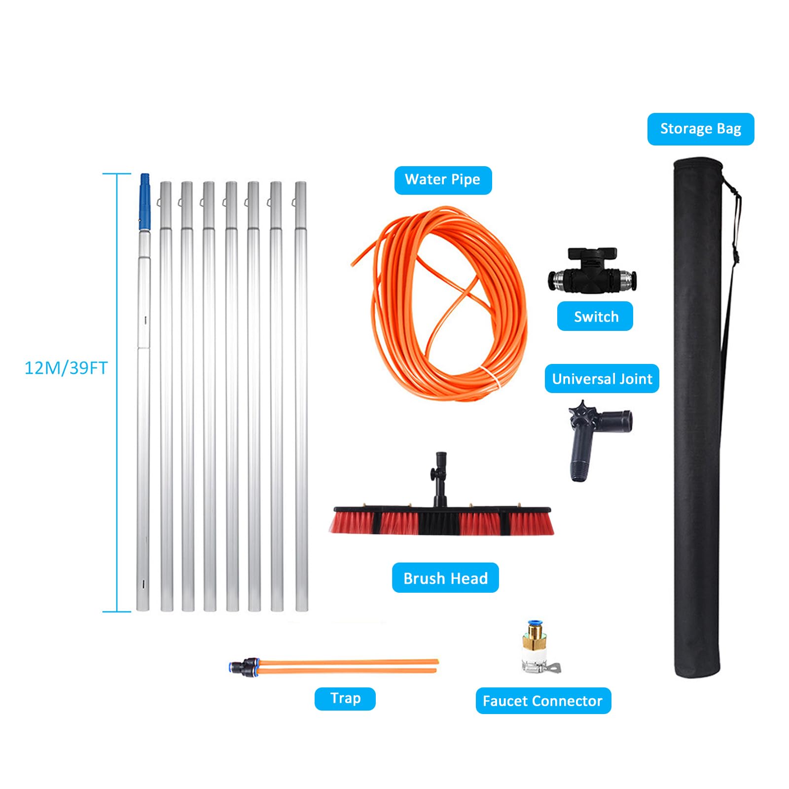 Kit de limpiador de ventanas telescópico extensible, cabezal de cepillo ajustable y poste de extensión de 3 a 12 m para una limpieza eficiente de ventanas, lavado de paneles solares, mantenimiento de