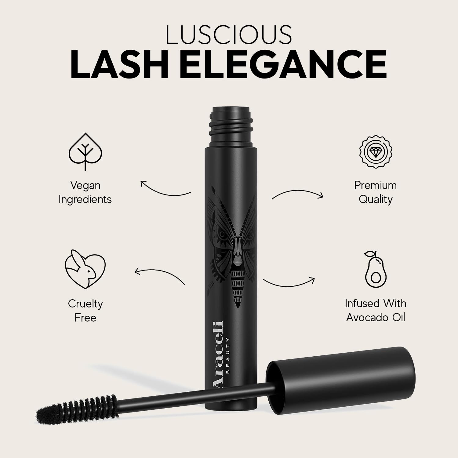 Araceli Beauty Black Mascara with Avocado Oil - Lengthening and Volumizing Mascara, Non-Clumping, Smudge-Proof, Long-Lasting All-Day Wear - Natural Formula for Sensitive Eyes, Paraben-Free