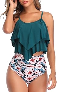 VeMee レディース ビキニセット ツイストツーピース水着 タンキニ フリル付きビキニ水着 花柄プリント