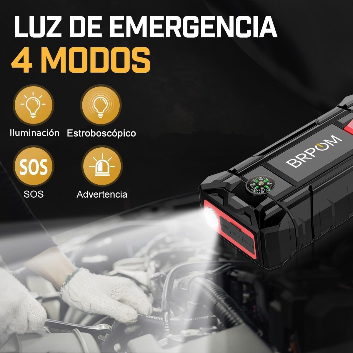 BRPOM Arrancador de Coches, 9000A 21800mAh Arrancador de Baterias de Coche 12V(para 8.0L de Gasolina o 6.5L de Diésel), Jump Starter Portátil, Carga Rápida QC3.0, Espera Larga