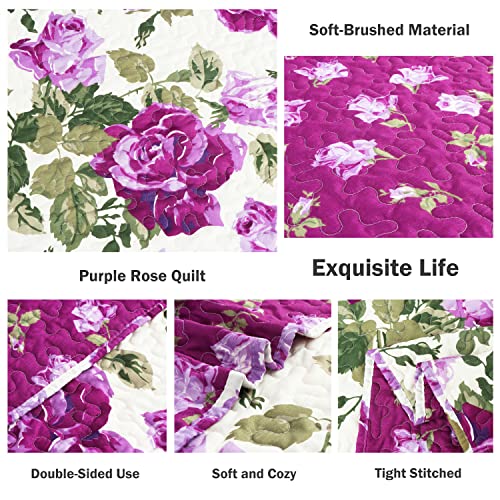 Cmfshape Purple Rose Quilt Bedding Set,Summer Quilt King Size,Comfort Brushed Microfiber Bed Cover,Floral Quilted Bedspread For All Seasons(King106 X96 Purple) #TOP3