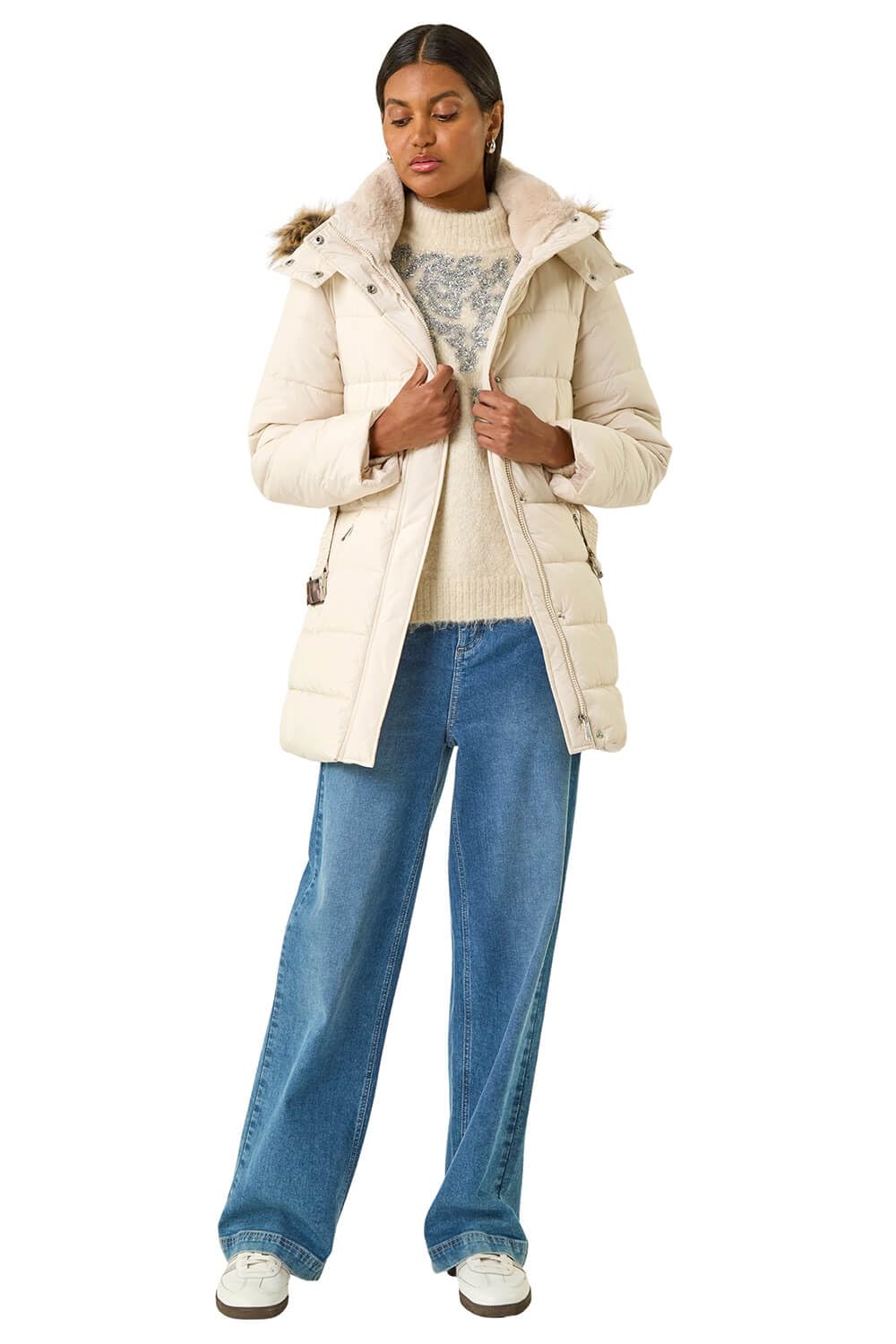 Roman Women's Cream Faux Fur Padded Belt Coat In | Size: 10