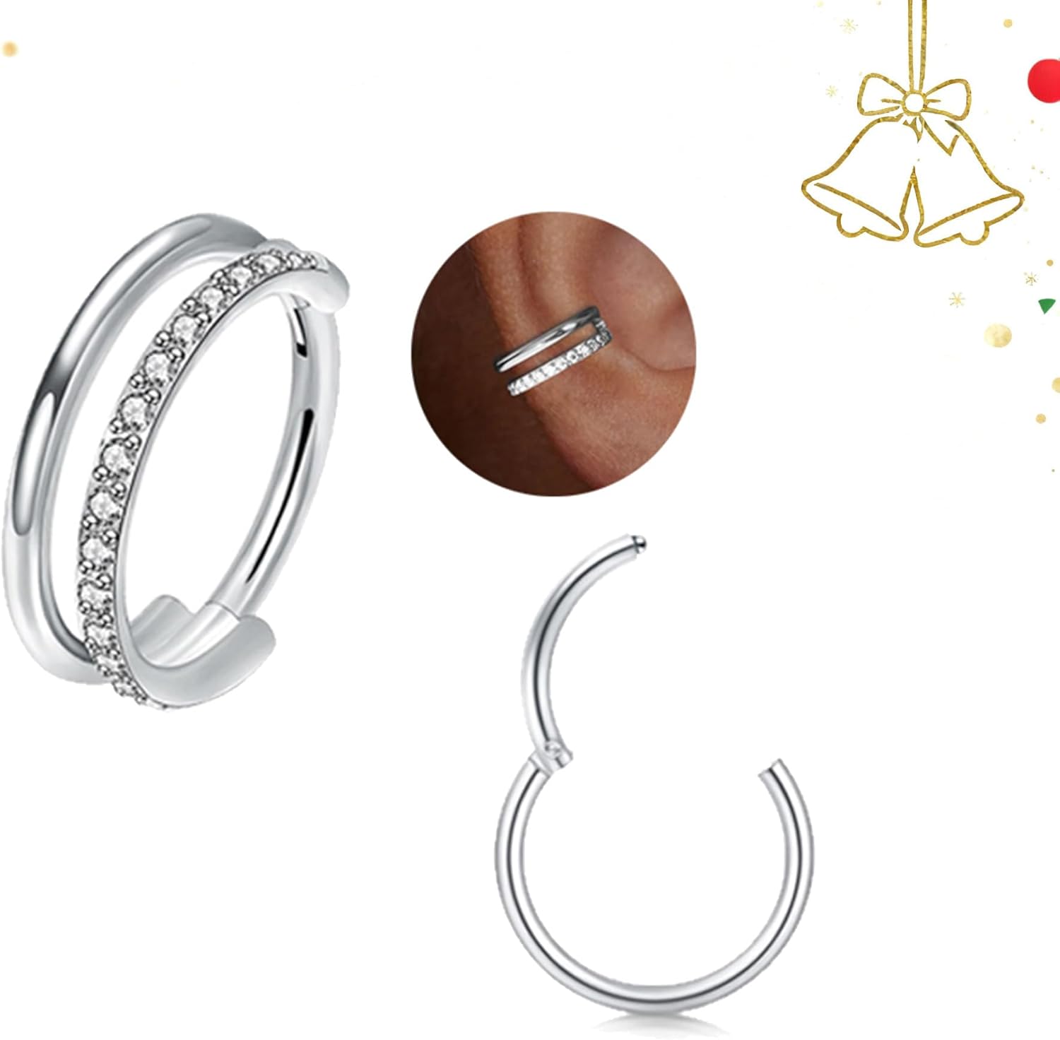 MODRSA Silver Cartilage Earrings for Women Helix Piercing Jewelry Double Hoop Earring Hypoallergenic Small Cartilage Hoop Second Hole Earrings for Women 16G Septum Ring 18G Clicker Nose Ring 8mm - Image 9