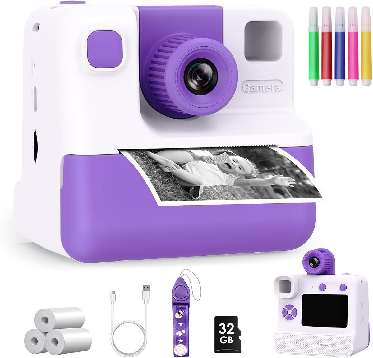 Kids Camera Instant Print, Christmas Birthday Gifts for Girl Boys Kids 3-12 | FHD Selfie Digital Video Cameras Toddler 3 Rolls Print Paper & 32G Card (Retro, Purple-White)