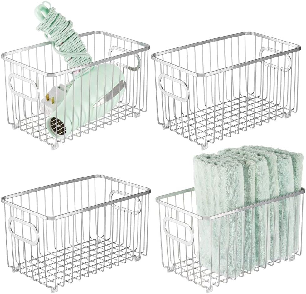mDesign Metal Bathroom Storage Organizer Basket Bin - Modern Wire Grid Design - for Organization in Cabinets, Shelves, Closets, Vanity Countertops, Bedrooms, Under Sinks, 4 Pack - Chrome