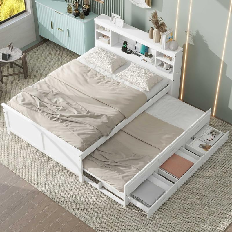 Full Size Bed Frame with Storage, Wooden Storage Bed with Bookcase Headboard, USB Ports Outlets, Twin Size Trundle & 3 Drawers, Modern Full Size Solid Wood Platform Bed, No Box Spring Needed, White