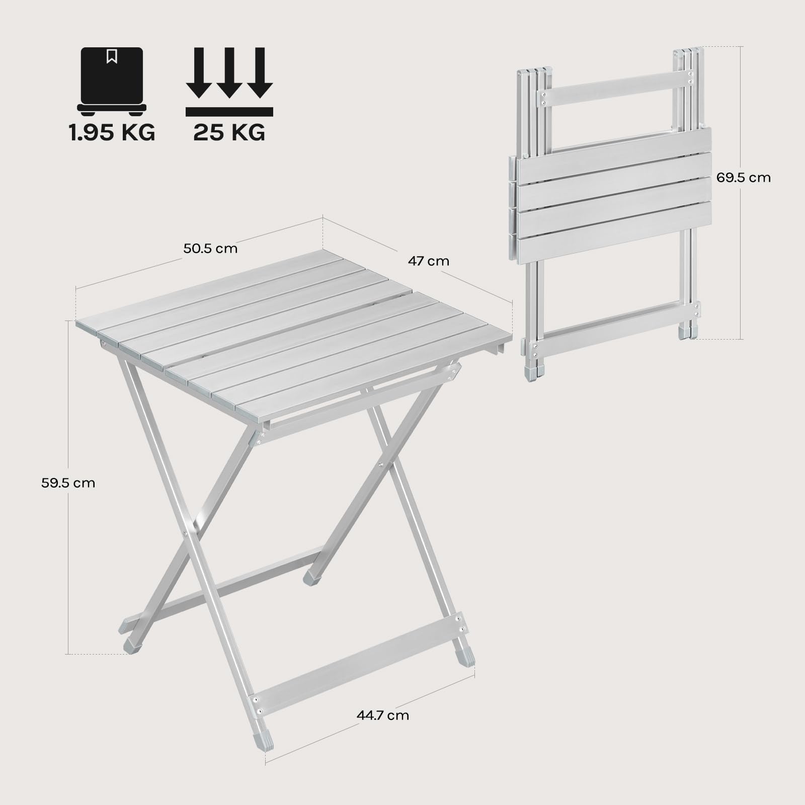 WOLTU Składany stół kempingowy aluminiowy składany mały stół do ogrodu, tarasu, balkonu, 50,5 x 47 x 59,5 cm, srebrny