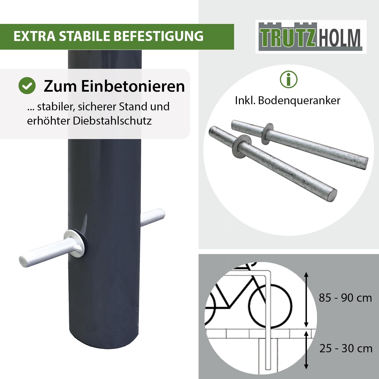 TRUTZHOLM Fahrradanlehnbügel mit Knieholm 115x75 cm Stahl pulverbeschichtet Ø 60 mm Anlehnbügel zum Einbetonieren Fahrradbügel Fahrradständer Parker Diebstahlsicherung Fahrrad Anlehner in Anthrazit