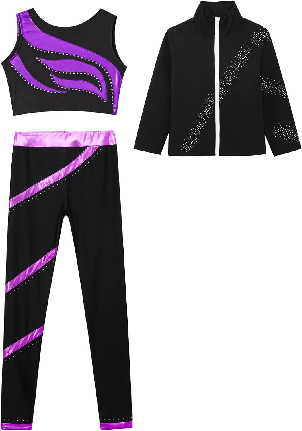 Hularka Kids Girls Ice Skating Suit Long Sleeve Figure Ice Skating Jacket Crop Top with Leggings Set Training Costume