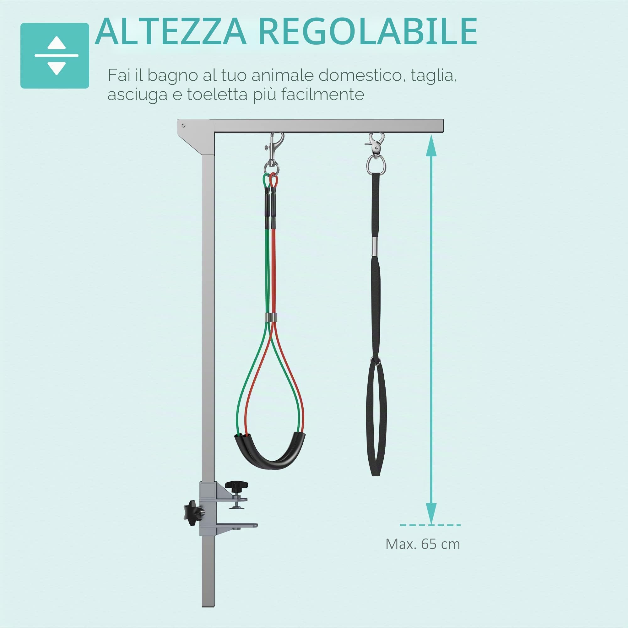 PawHut Braccio per toelettatura Pieghevole per Animali Domestici in Acciaio Inossidabile con Collare di serraggio per Cani di Grandi e Piccole, Altezza Regolabile Max. 74 cm