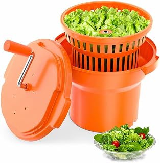 Wantjoin Commercial Salad Spinner - 2.2 Gallon Salad Dryer w/Aluminum Handle & Draining Hose, 10Qt Manual Salad Spinner for up to 3 Heads of Lettuce Spinner Large for Catering Kitchen