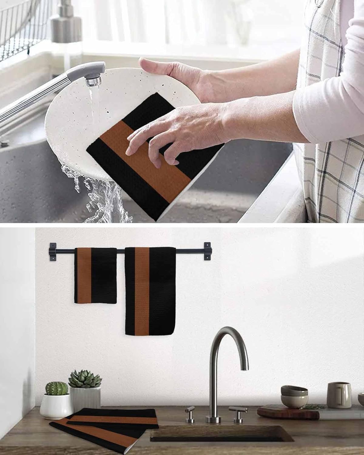 DecorLovee Black Brown Kitchen Towels Set of 3, Waffle Microfiber Towels Cleaning, Absorbent Dish Towels Cloths Decorative Hand Towels for Bathroom 16x24 Inch