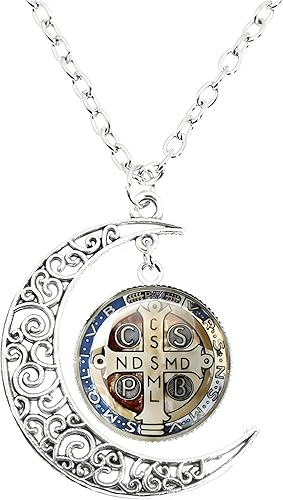 Miniatura 6 de Collar de plata de ley 925 de San Benito Medallón luminoso de San Benito Collar de Luna Católica Colgante San Benito Joyería medalla de san benito