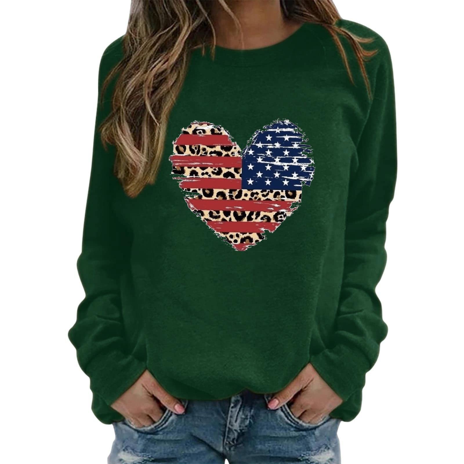 chongfengCrewneck Sweatshirts Women's Print Long Sleeved Sweatshirt Blouse Pullover Solid Color Hooded
