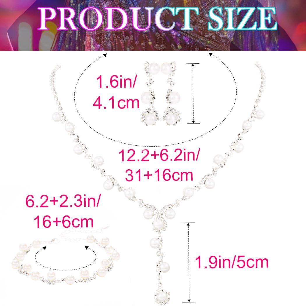 Nicute Pearl Jewelry Set for Women Silver Rhinestone Necklace and Earrings Prom Wedding Jewelry Sets for Bridal image 5