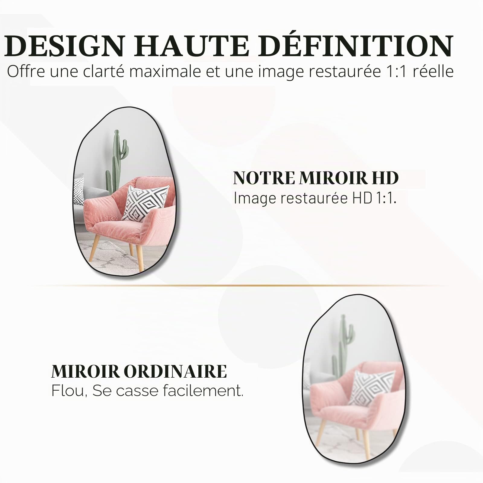 Miroir Mural Irrégulier Asymétrique, Fixation Murale, Courtoisie Unique, Décoratif pour Salon, Salle de Bain, Chambre, Entrée, 85 x 52 cm