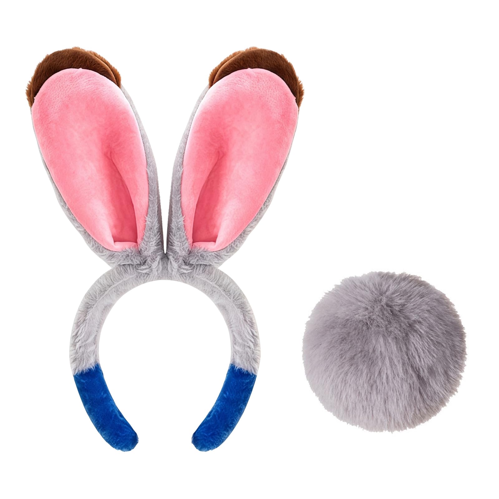 BORFUE 2Pcs Grey Bunny Ears Headband and Tail Set,Cute Cartoon Animal Character Rabbit Costume Accessories Halloween Easter Party Dress Up