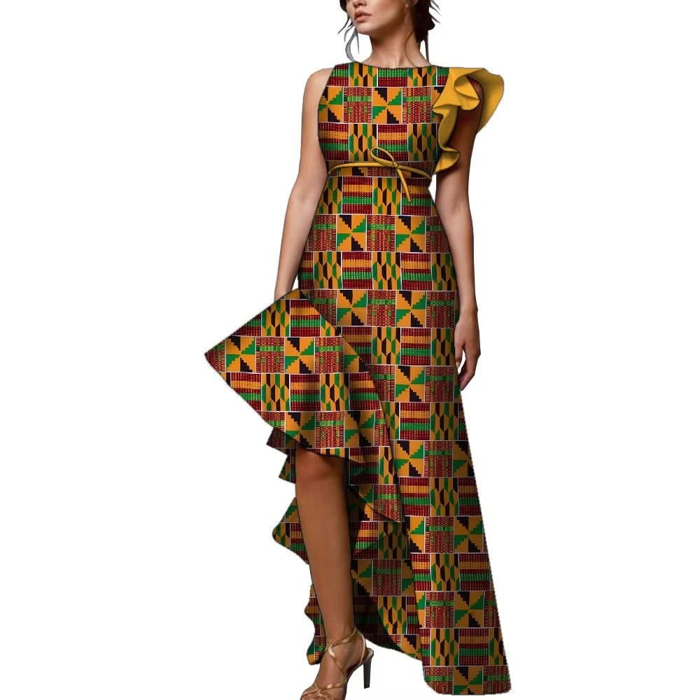 iooiooiAfrican Women's Mermaid Maxi Print Dress Petal Sleeve Asymmetrical Ankara Dashiki Party Longuettes WY9221