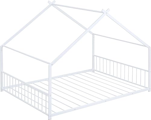 Miniatura 87 de Favfurish Cama de plataforma de casa de tamaño individual con cabecero y estribo, diseño de techo, cama de madera con forma de casa para niños y