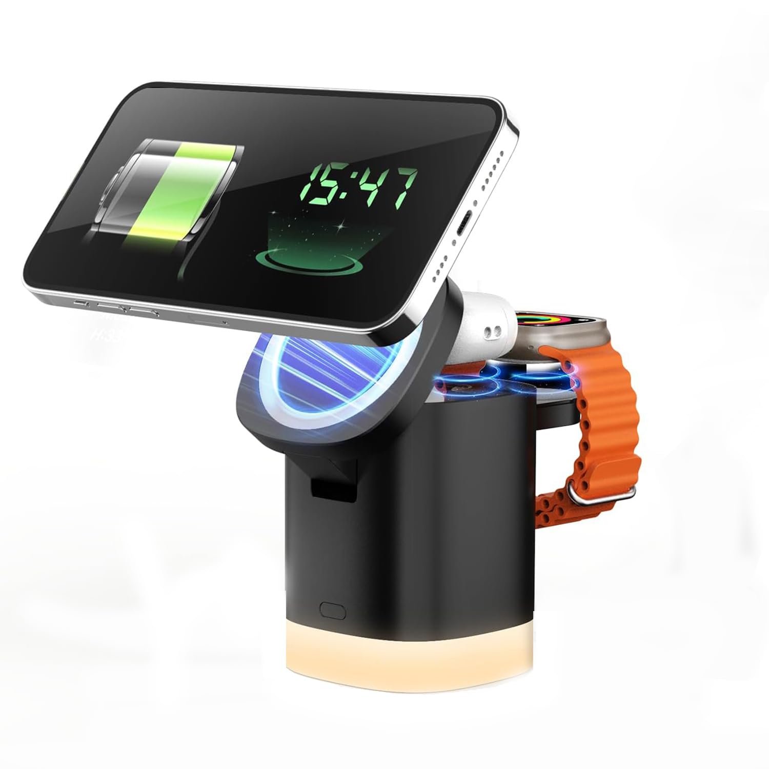 GEEKERA 3-in-1 Magnetic Charger Stand, Foldable Station with Night Lights, Magnetic Charger Dock for iPhone 16/15/14/13/12 Pro/Max, AirPods 4-2,Apple Watch 2-10/Ultra(Black)