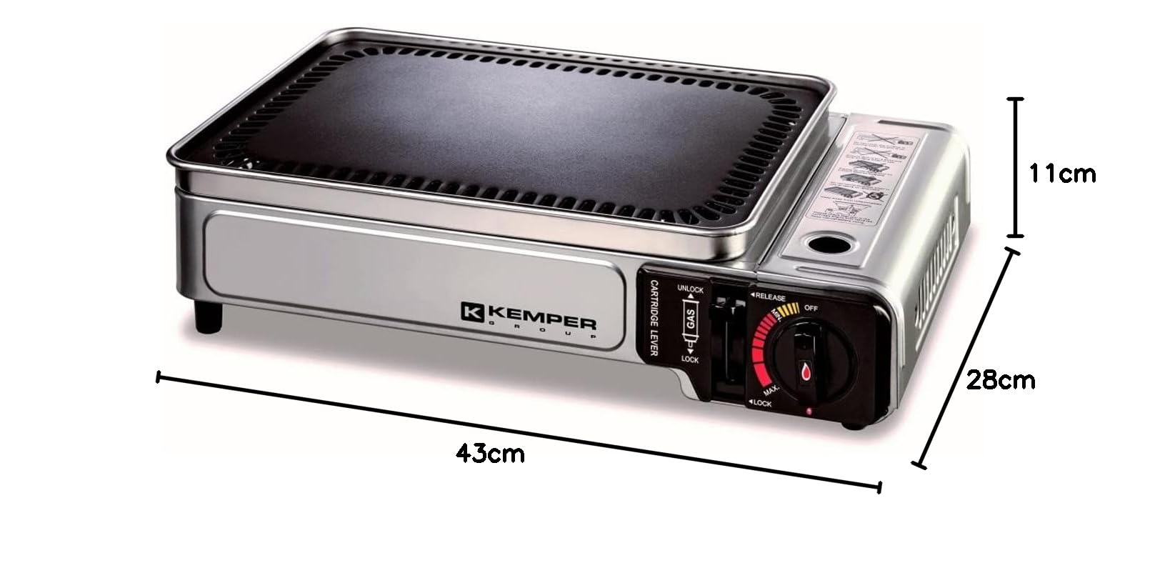 KEMPER - Plancha de gas portátil de 2300 W, placa antiadherente + 8 cartuchos de gas camping + maleta de transporte